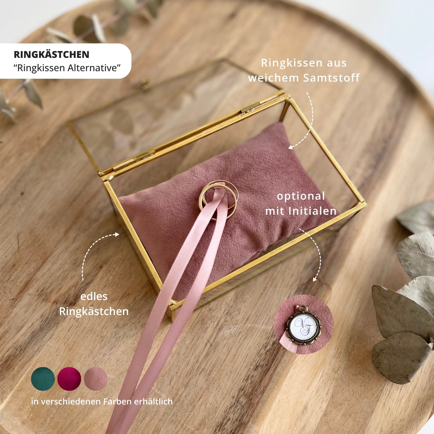 Personalisierte Glas-Ringbox mit goldfarbenen Kanten und altrosafarbenem Kissen für Eheringe