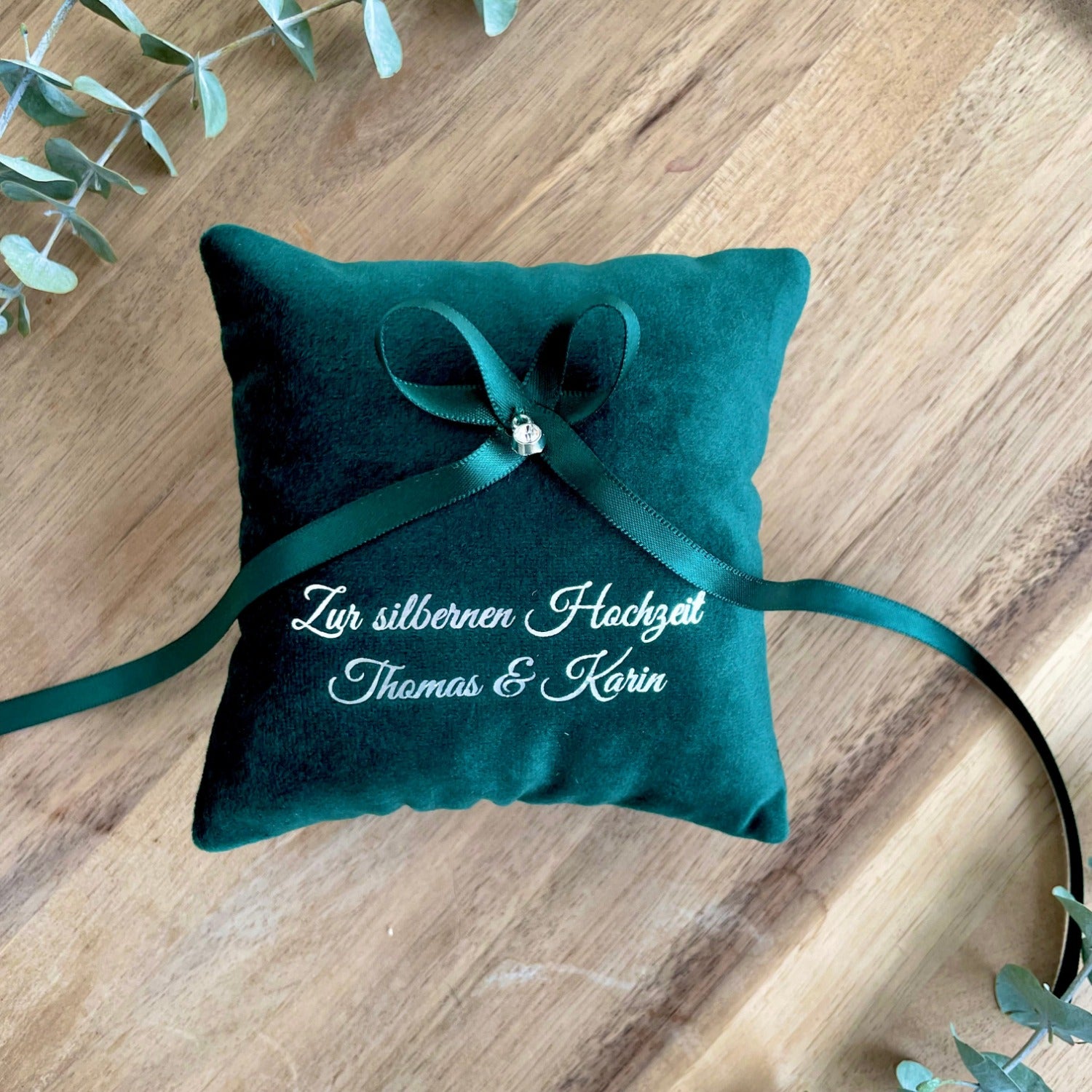 Silver Wedding Ring Pillow | Velvet | Green