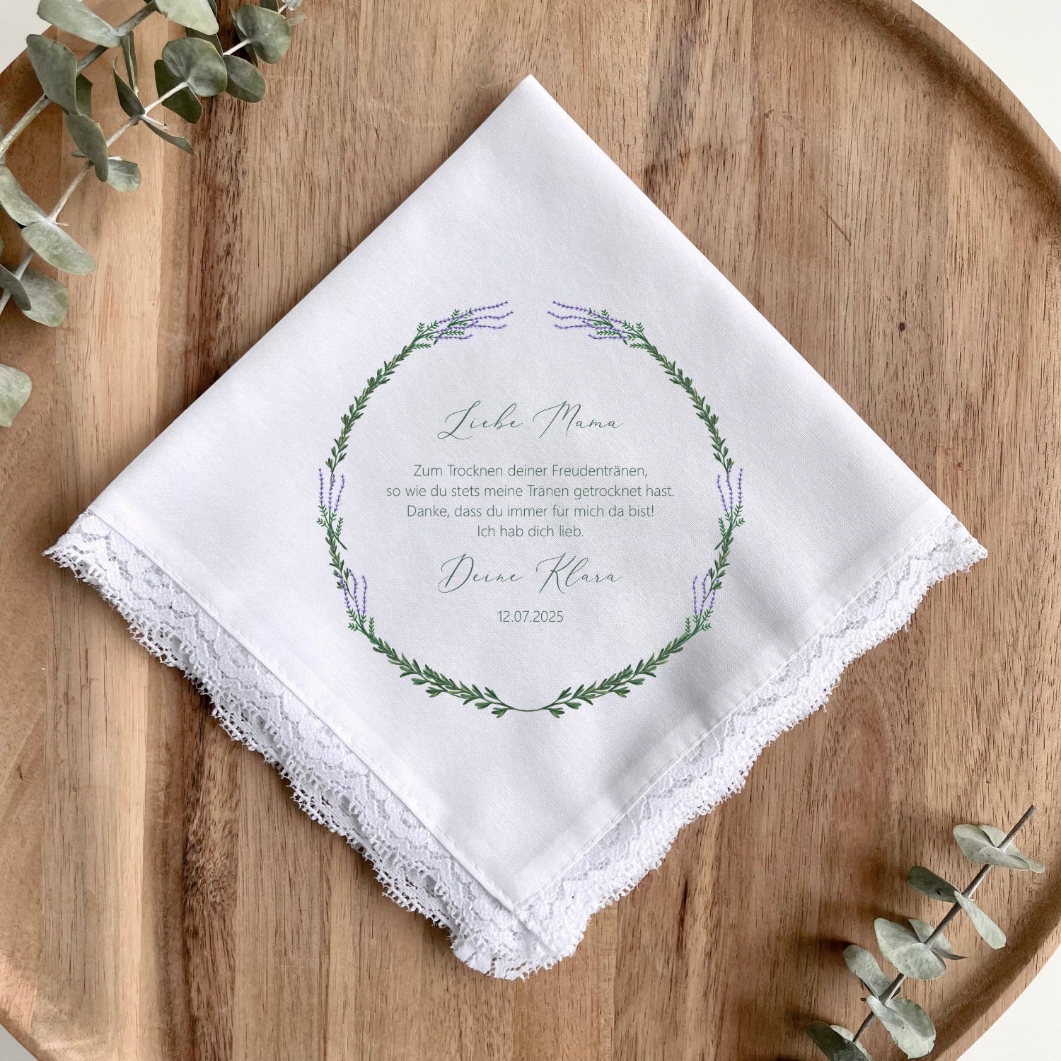 Stofftaschentuch personalisiert | Freudentränen Hochzeit | Lavendelkranz 2