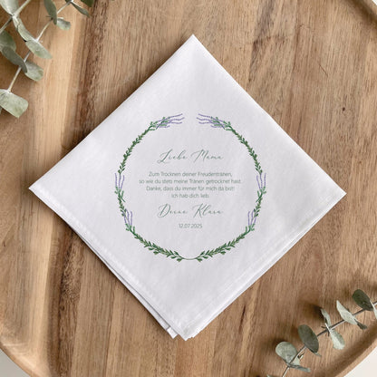 Stofftaschentuch personalisiert | Freudentränen Hochzeit | Lavendelkranz 2
