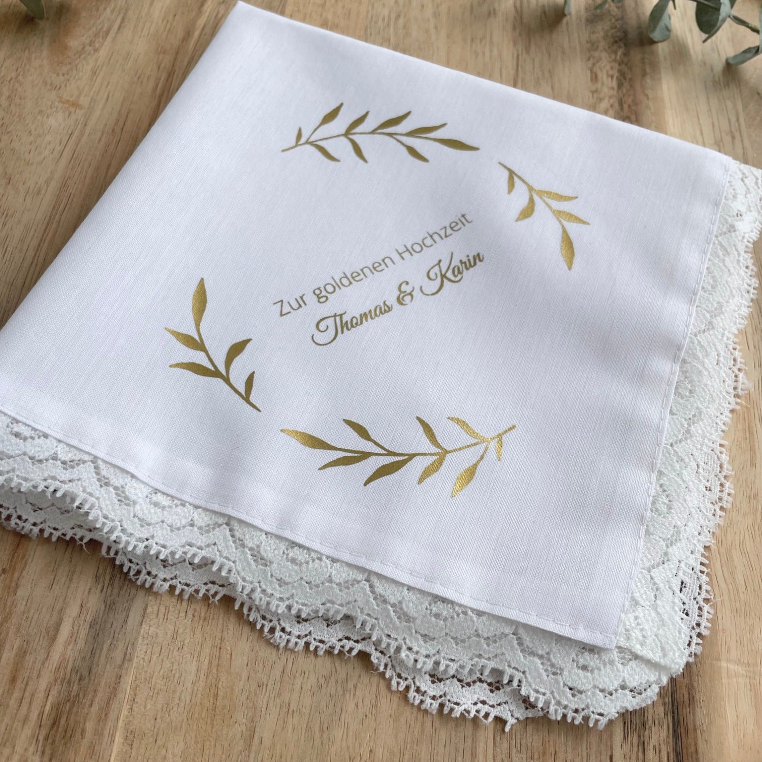 Cloth handkerchief for the golden wedding anniversary - leaf wreath