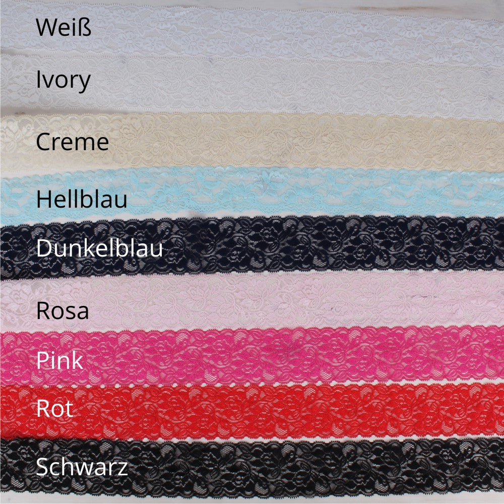 Farbübersicht der Spitze für personalisierbare Hochzeits-Strumpfbänder.